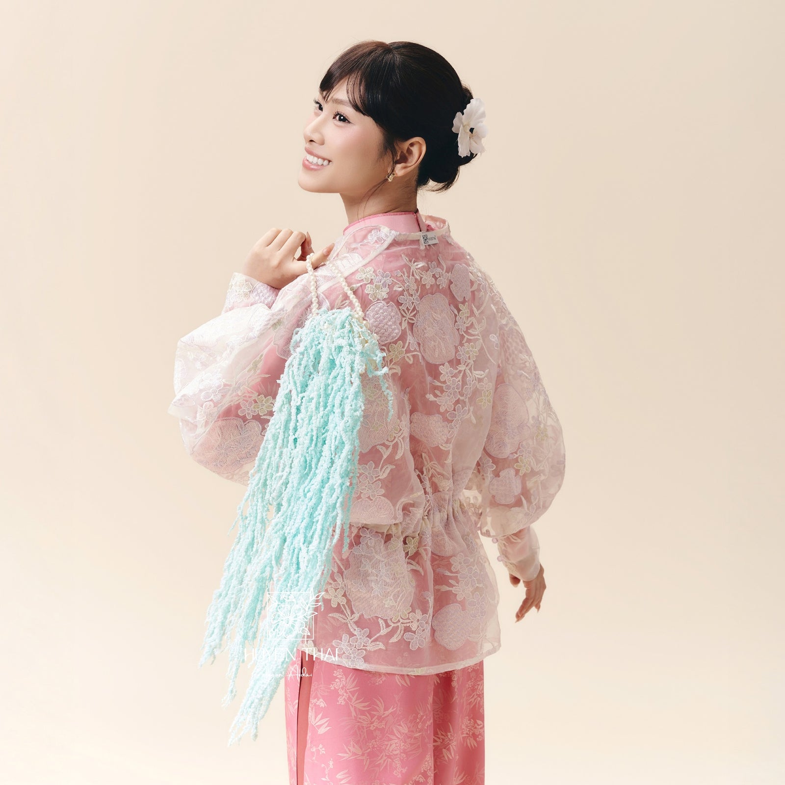 CẦM Cardigan – Embroidered Lace in Light Purple - side profile by Huyen Thai Collection