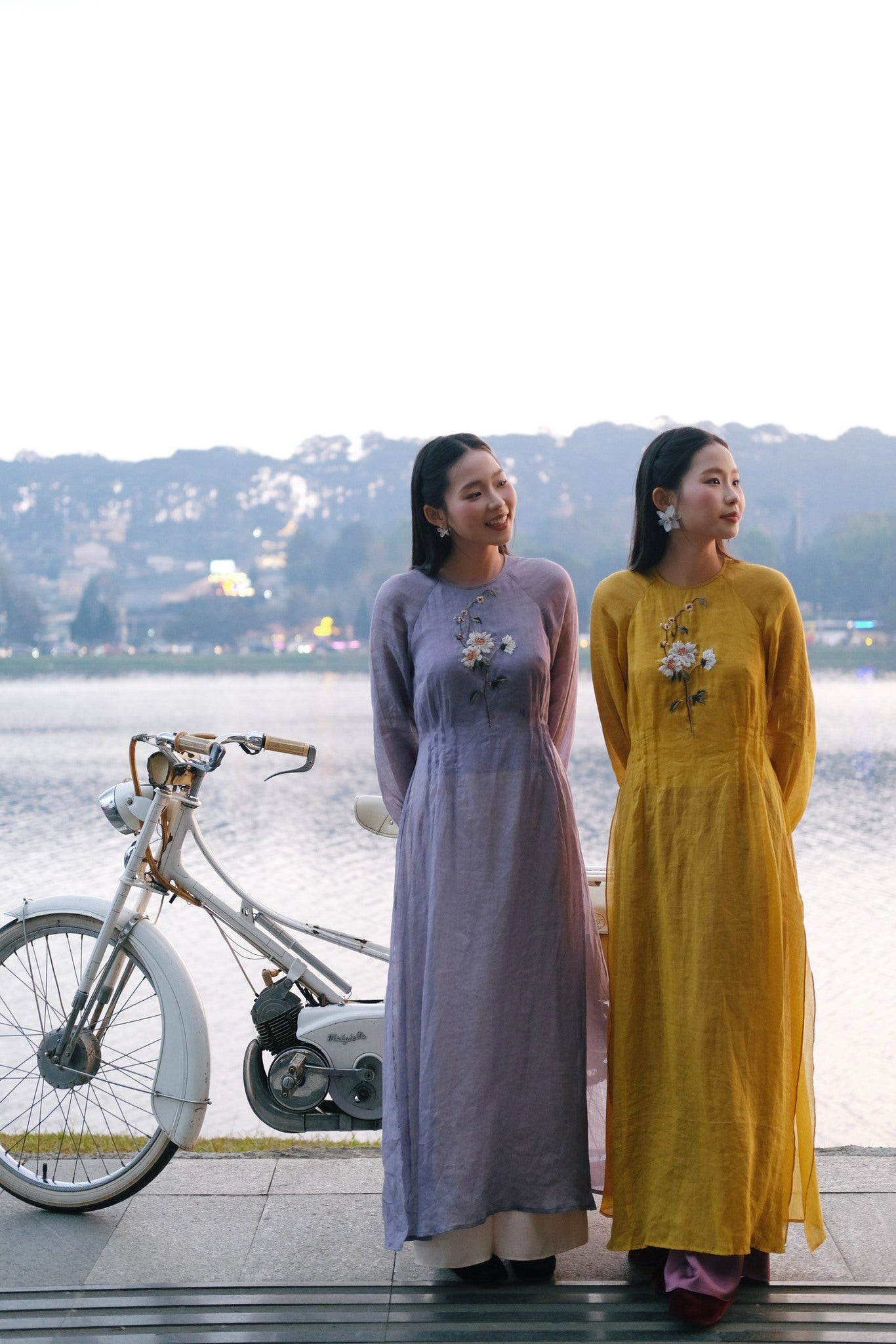 Vietnamese Ao Dai - Xuân Ao-dai Set – Linen with Embroidered Floral Motif - styled presentation in purple by Co Lau