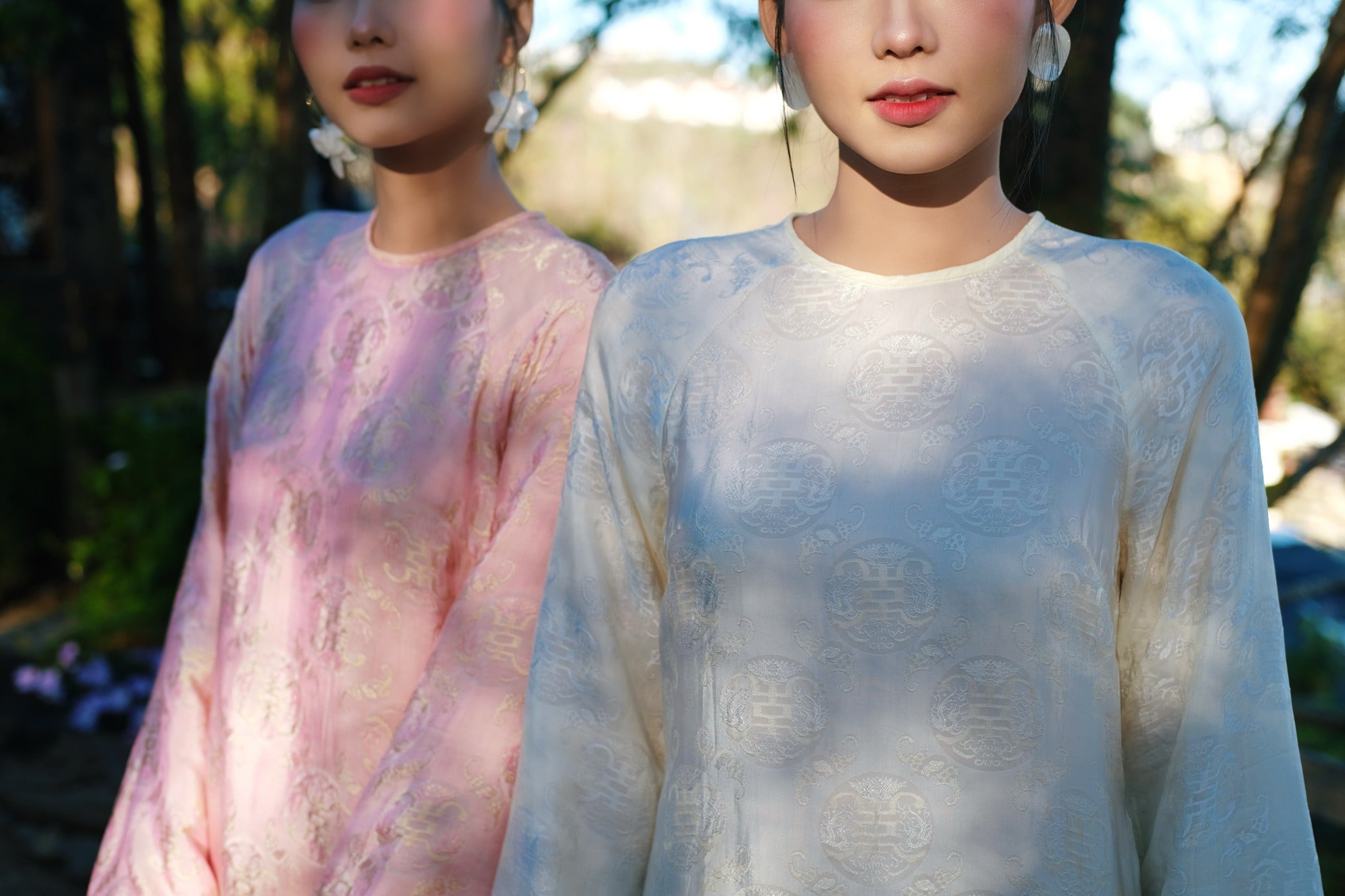 Traditional Motif - Cầm Ao-dai Set – Wormsilk with scarf in Light Cream - front view in pink by Co Lau