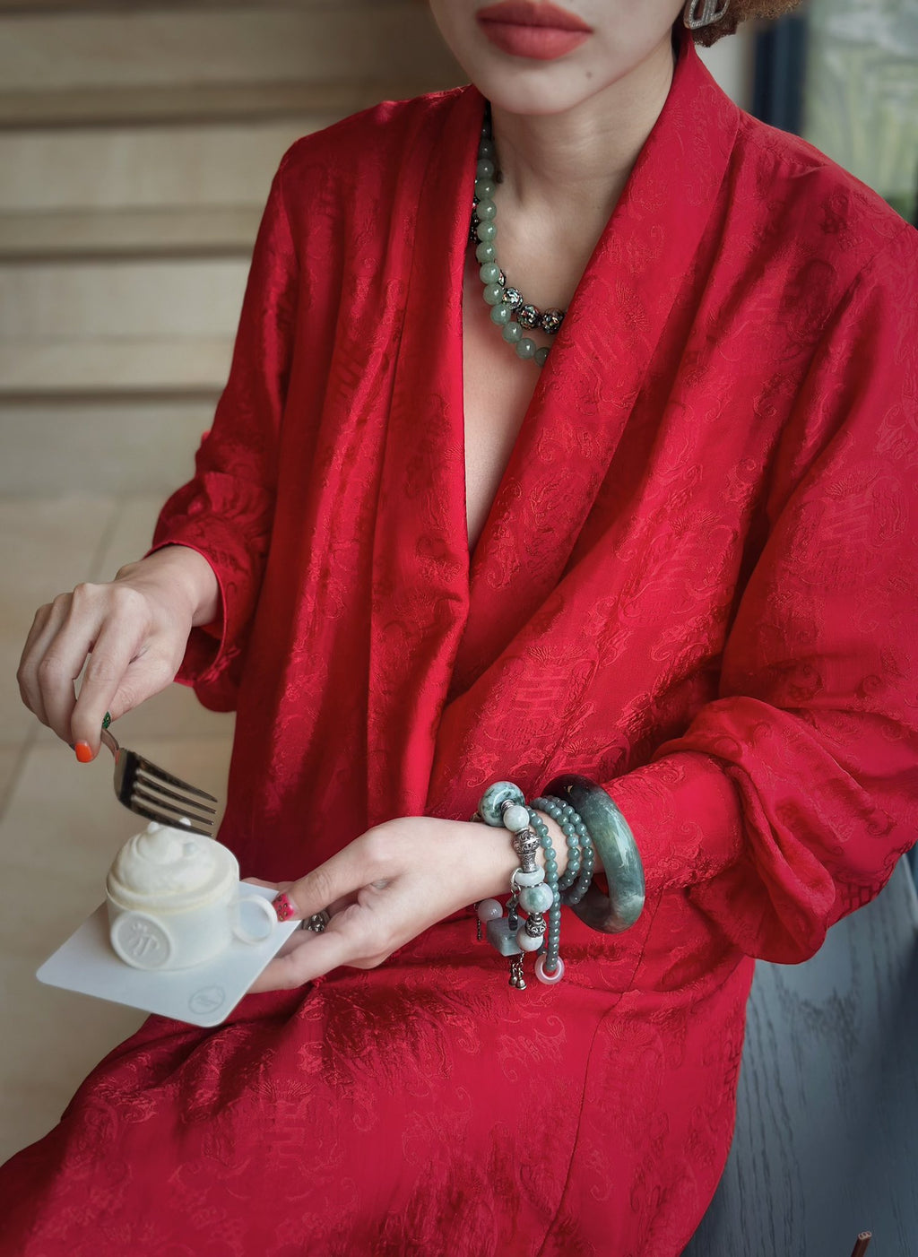 Traditional Motif - Bích Tâm An” – Designer's Green Jade Serenity Bracelet - styled presentation in green by HI de Maison