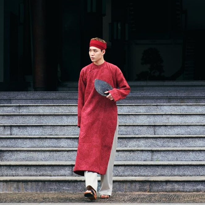 Vietnamese Ao Dai - Gia Đinh Men’s Ao-dai - Embroidered Silk Áo Dài - styled presentation in velvet in red by Maison LONG