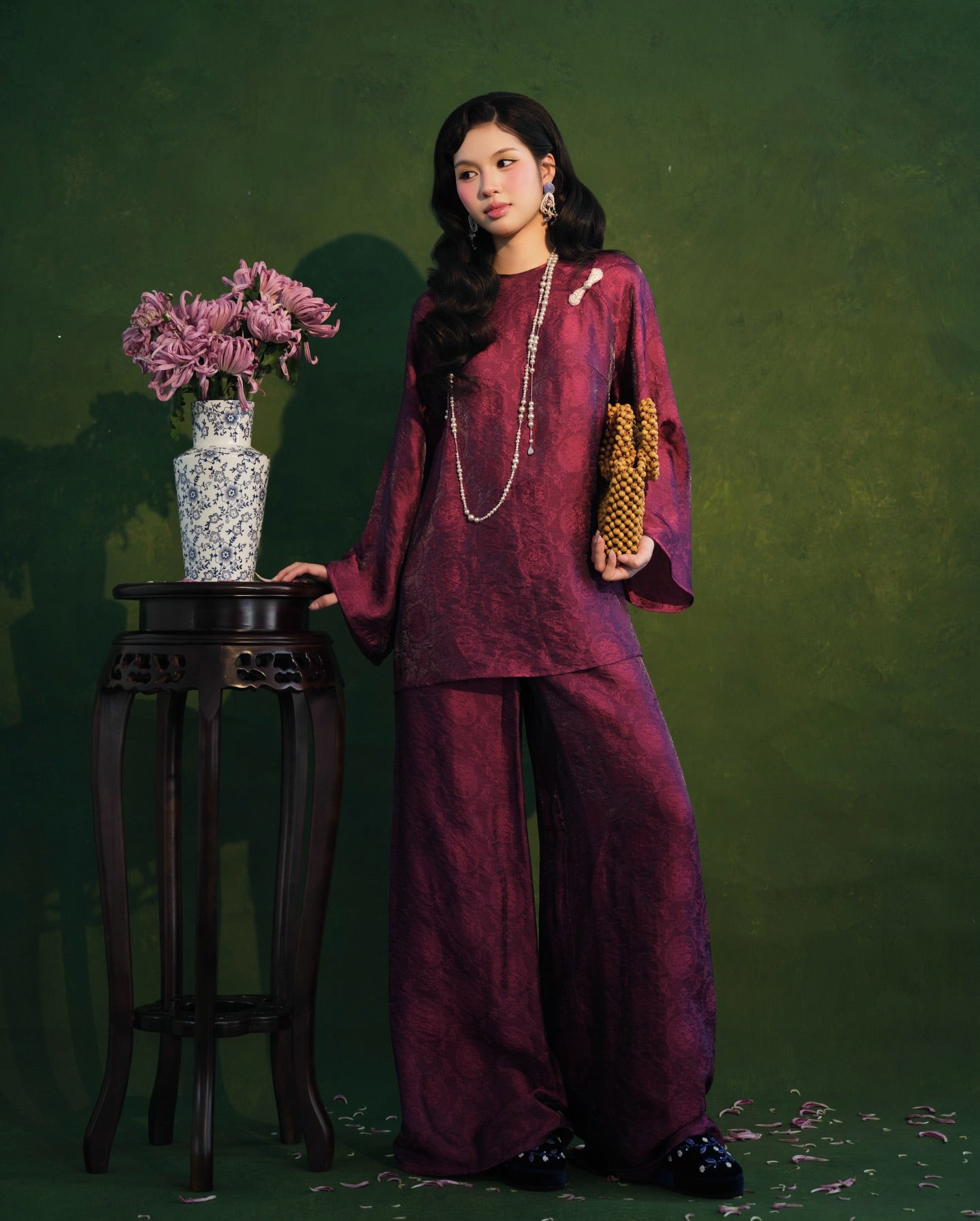 Vietnamese Ao Dai - Moc Tra Bà Ba Set - Tencel in Ripe Plum - front view in brocade in purple by Garderobe