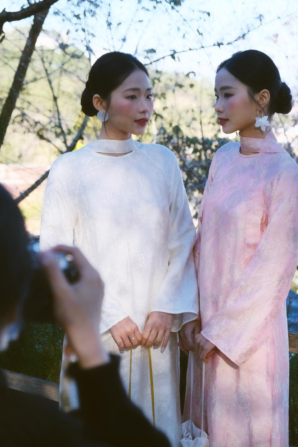 Vietnamese Ao Dai - Cầm Ao-dai Set – Wormsilk with scarf in Light Cream - styled presentation in white by Co Lau