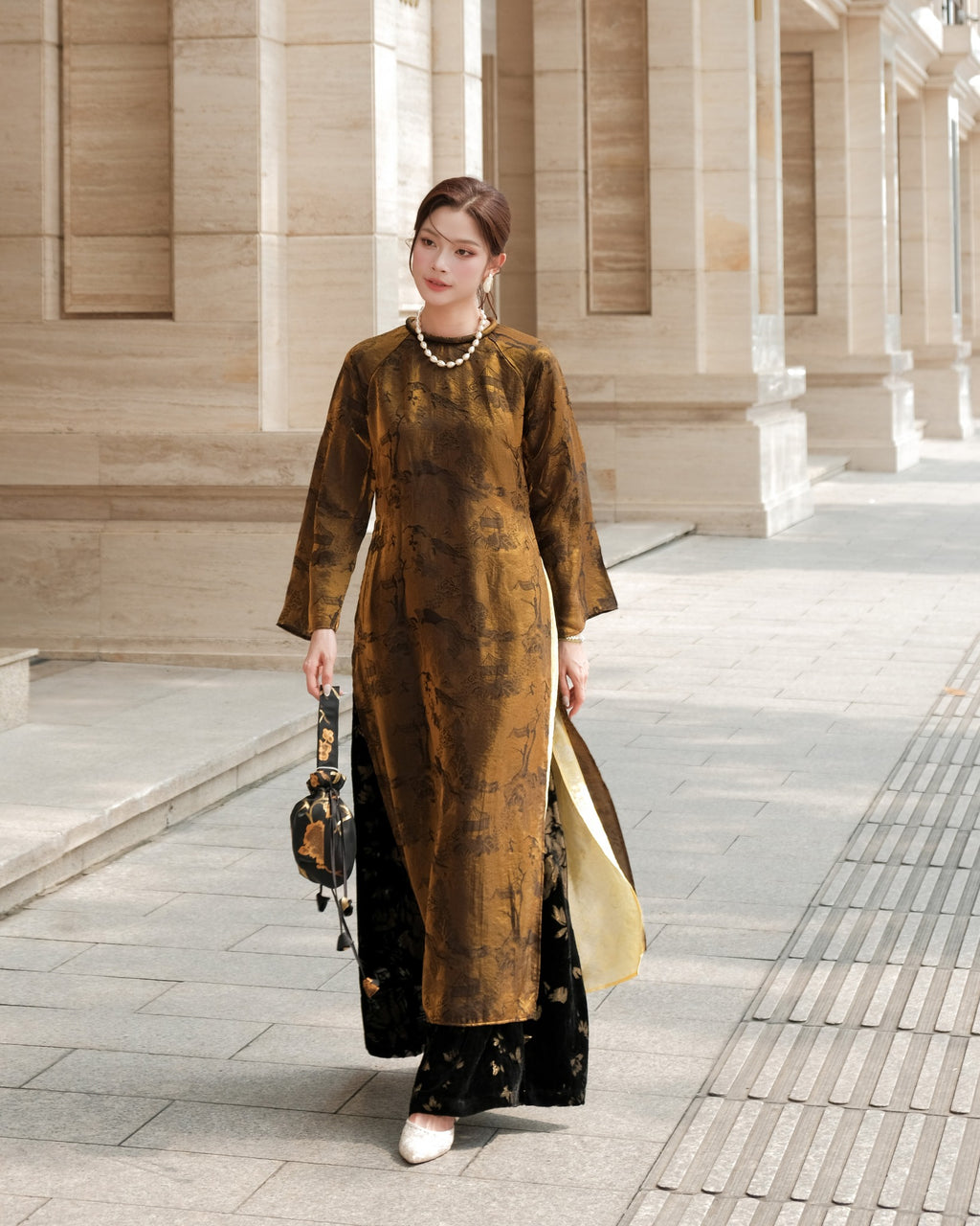 Vietnamese Ao Dai - Xuân Ba Áo Dài Set - Double-Layered Tencel with Velvet Embroidered Pants - front view in brown by Moc