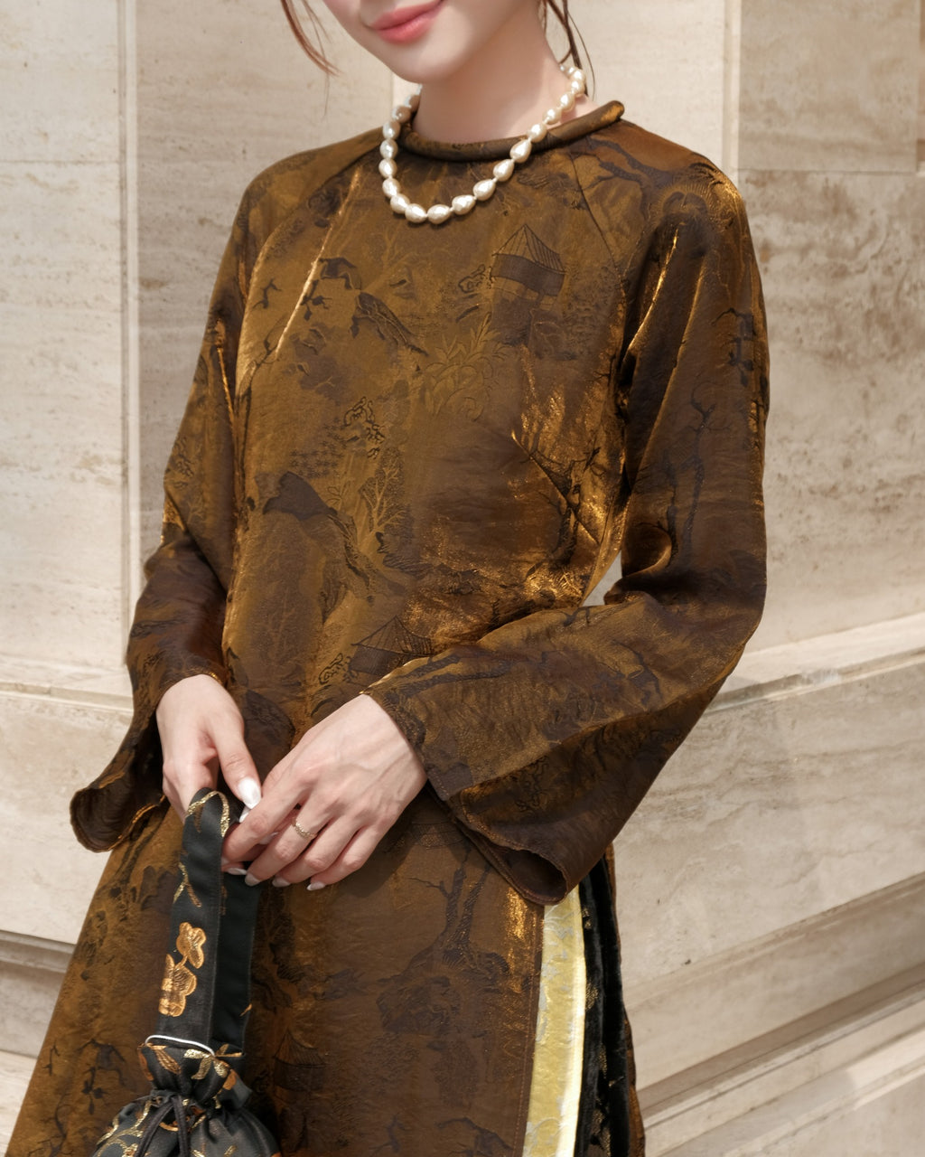 Xuân Ba Áo Dài Set - Double-Layered Tencel with Velvet Embroidered Pants - front view by Moc