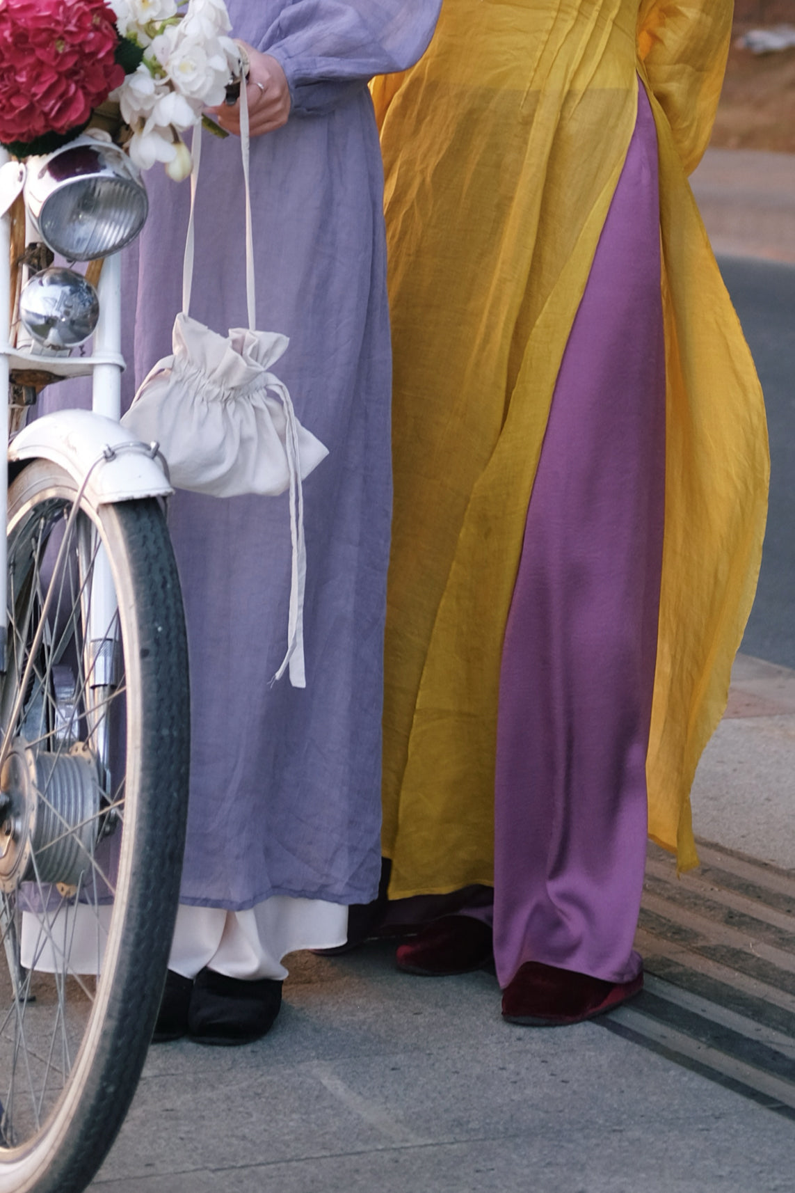 Vietnamese Ao Dai - Xuân Ao-dai Set – Linen with Embroidered Floral Motif - side profile in purple by Co Lau
