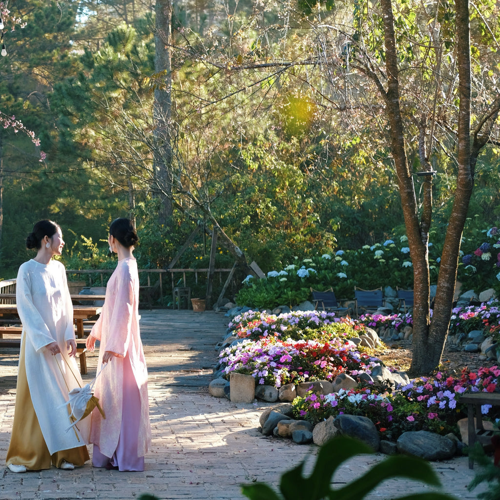 Vietnamese Ao Dai - Cầm Ao-dai Set – Wormsilk with scarf in Pink Blush - styled presentation in pink by Co Lau