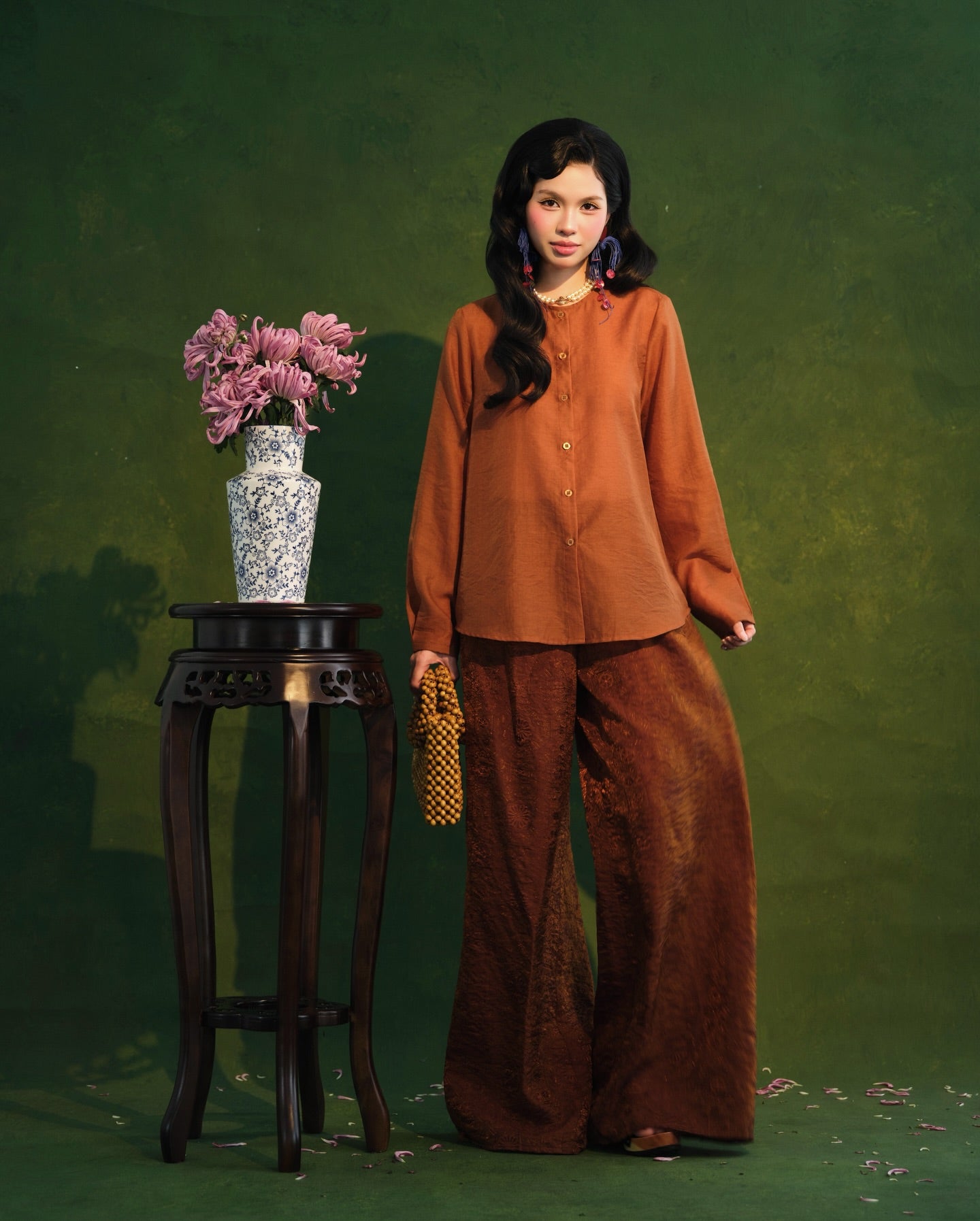 Vietnamese Ao Dai - Sơn Trà Ba-Ba Set – Chiffon & Tencel Silk in Burnt Amber - front view in brocade in brown by Garderobe