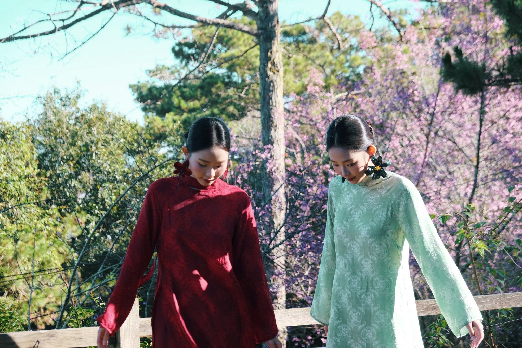 Vietnamese Ao Dai - Cầm Ao-dai Set – Wormsilk with scarf in Light Green - styled presentation in red by Co Lau