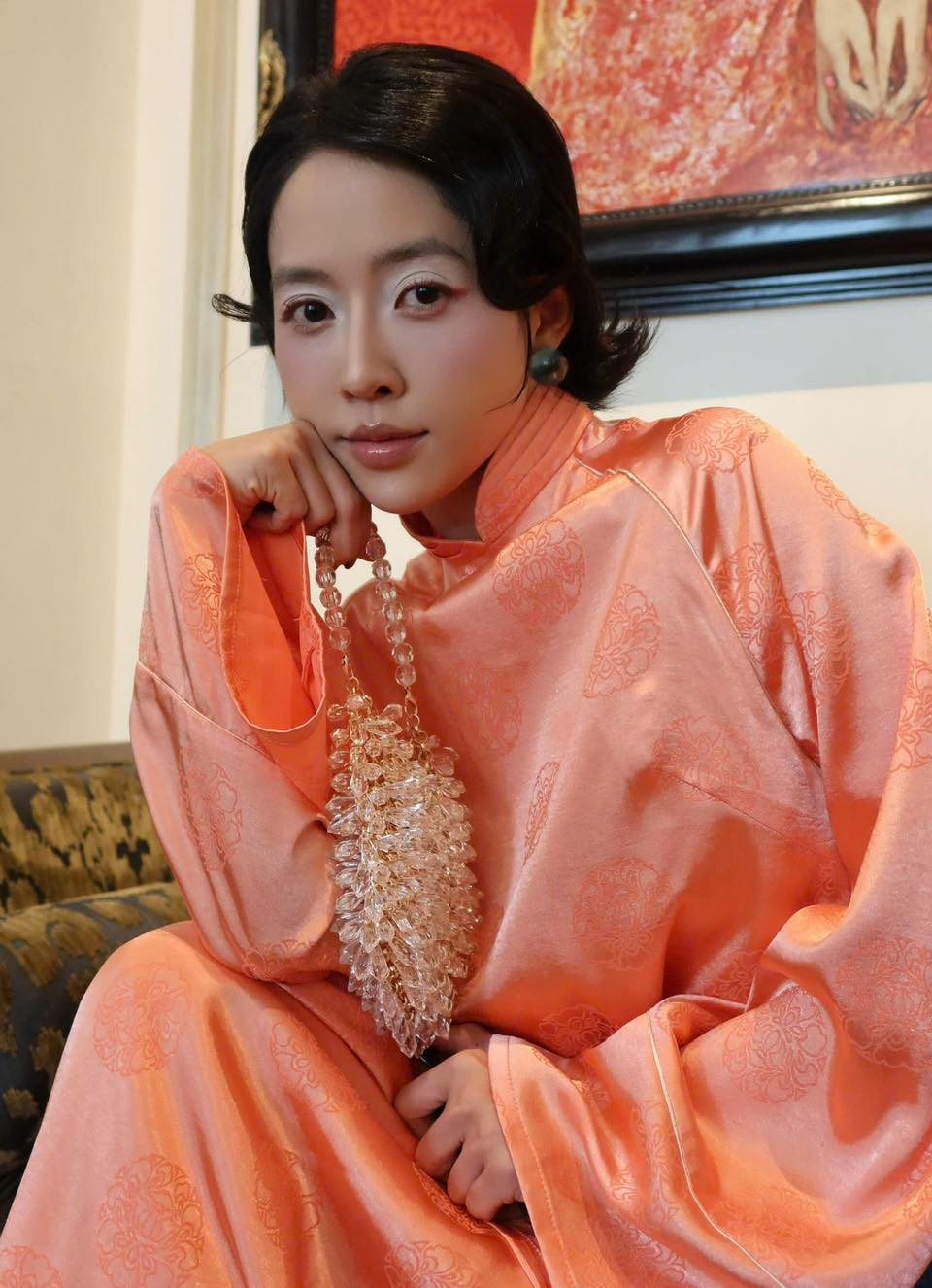 Vietnamese Ao Dai - Giao Y Ao-dai Set – Double-Panelled Silk with Pleated Collar - front view in peach by H2B a la Mode