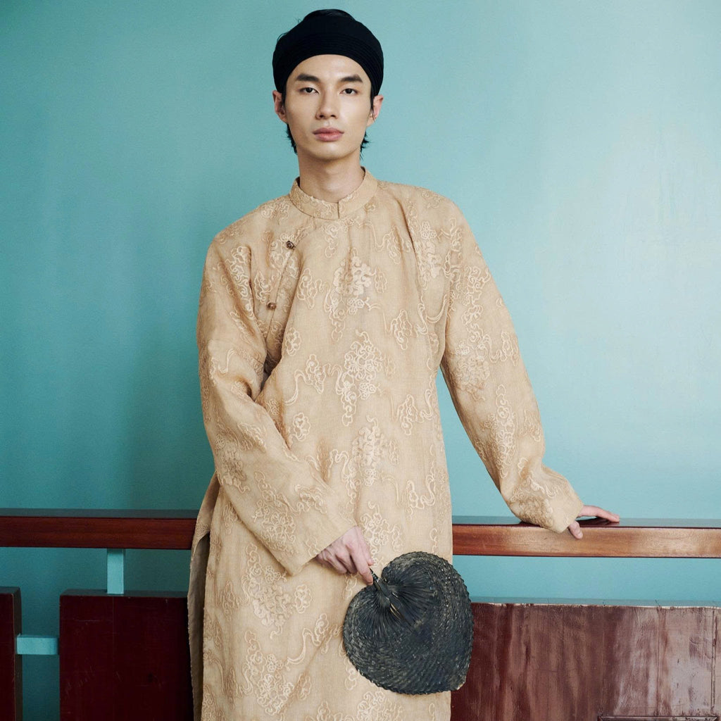 Vietnamese Embroidery - Gia Đinh Men’s Ao-dai - Embroidered Silk Áo Dài - front view in brocade in beige by Maison LONG