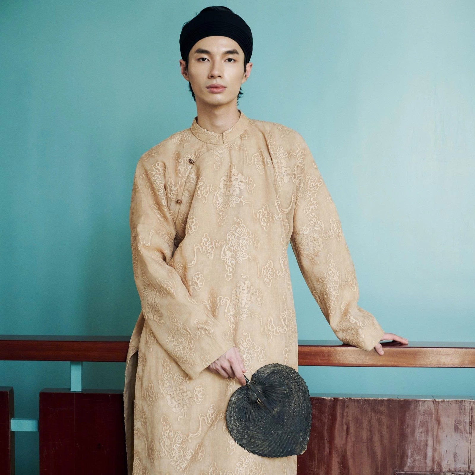 Vietnamese Embroidery - Gia Đinh Men’s Ao-dai - Embroidered Silk Áo Dài - front view in brocade in beige by Maison LONG