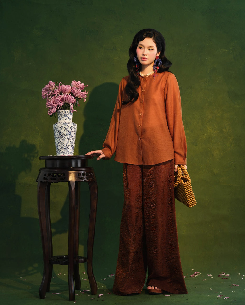 Traditional Motif - Sơn Trà Ba-Ba Set – Chiffon & Tencel Silk in Burnt Amber - front view in brocade in brown by Garderobe