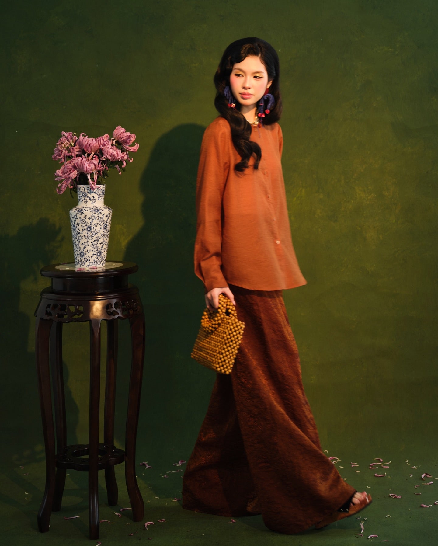 Vietnamese Ao Dai - Sơn Trà Ba-Ba Set – Chiffon & Tencel Silk in Burnt Amber - styled presentation in brown by Garderobe