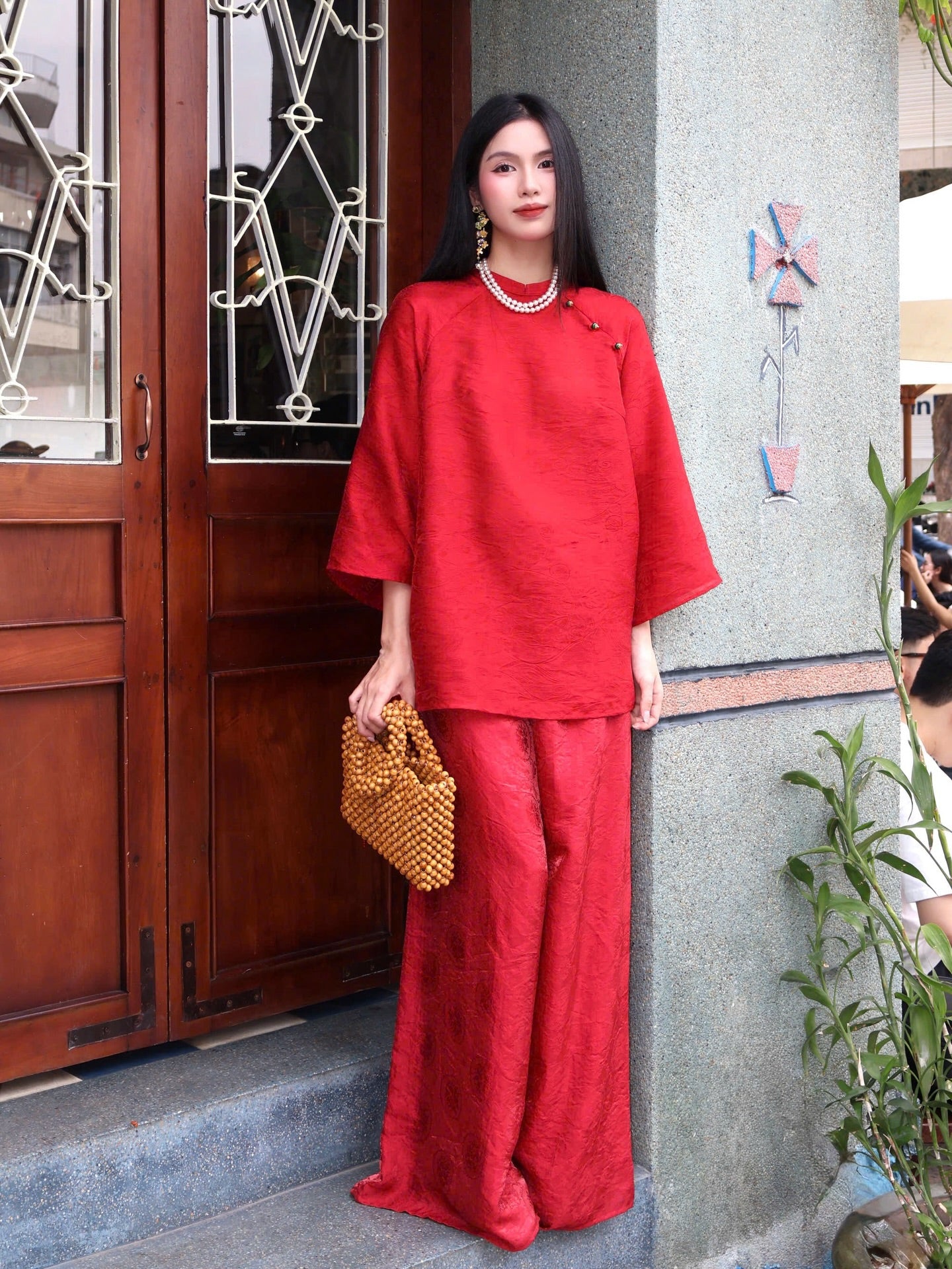 Vietnamese Ao Dai - Trà An Modernized Bà Ba Set - Tencel with Mosaic Button - front view in silk in red by Garderobe