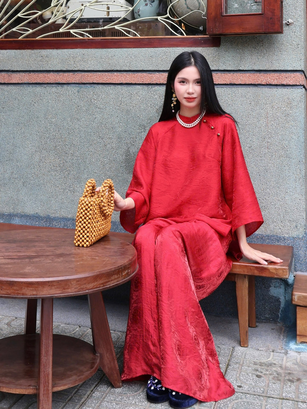 Vietnamese Ao Dai - Trà An Modernized Bà Ba Set - Tencel with Mosaic Button - styled presentation in silk in red by Garderobe
