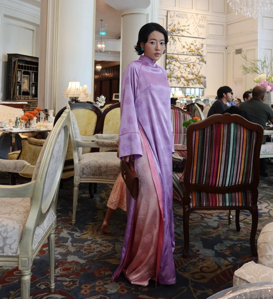 Vietnamese Ao Dai - Giao Y Ao-dai Set – Double-Panelled Silk with Pleated Collar - front view in purple by H2B a la Mode