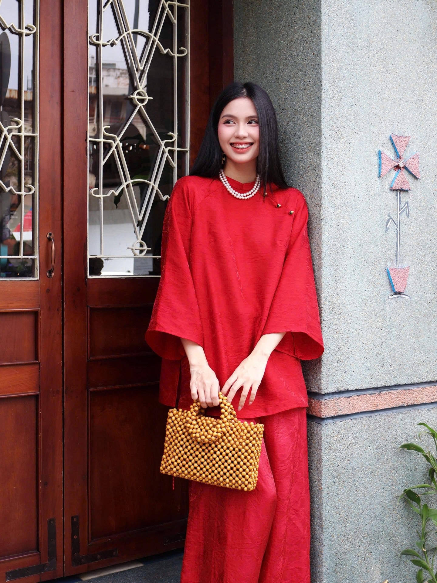 Vietnamese Ao Dai - Trà An Modernized Bà Ba Set - Tencel with Mosaic Button - front view in linen in red by Garderobe