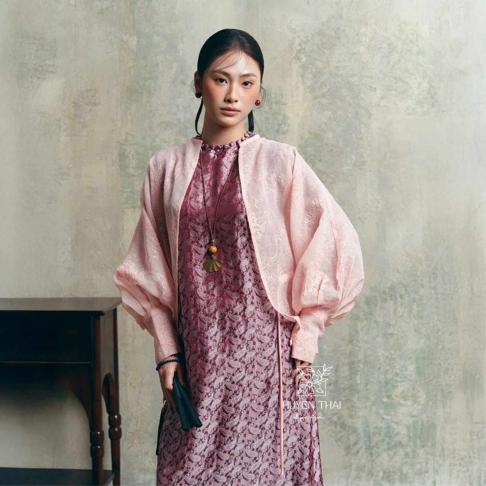 Vietnamese Ao Dai - CẦM Cardigan – Embroidered Lace in Blush Pink - front view in silk in pink by Huyen Thai Collection