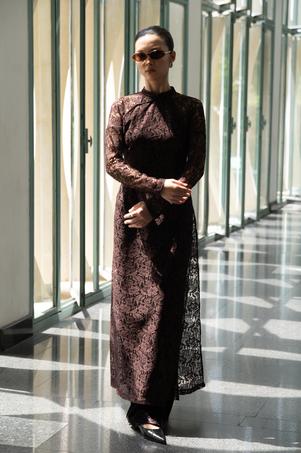 [Limited Edition] Dusk Serenity Ao Dai Set – Luxury Lace with velvet pants - front view by Entropy Boutique