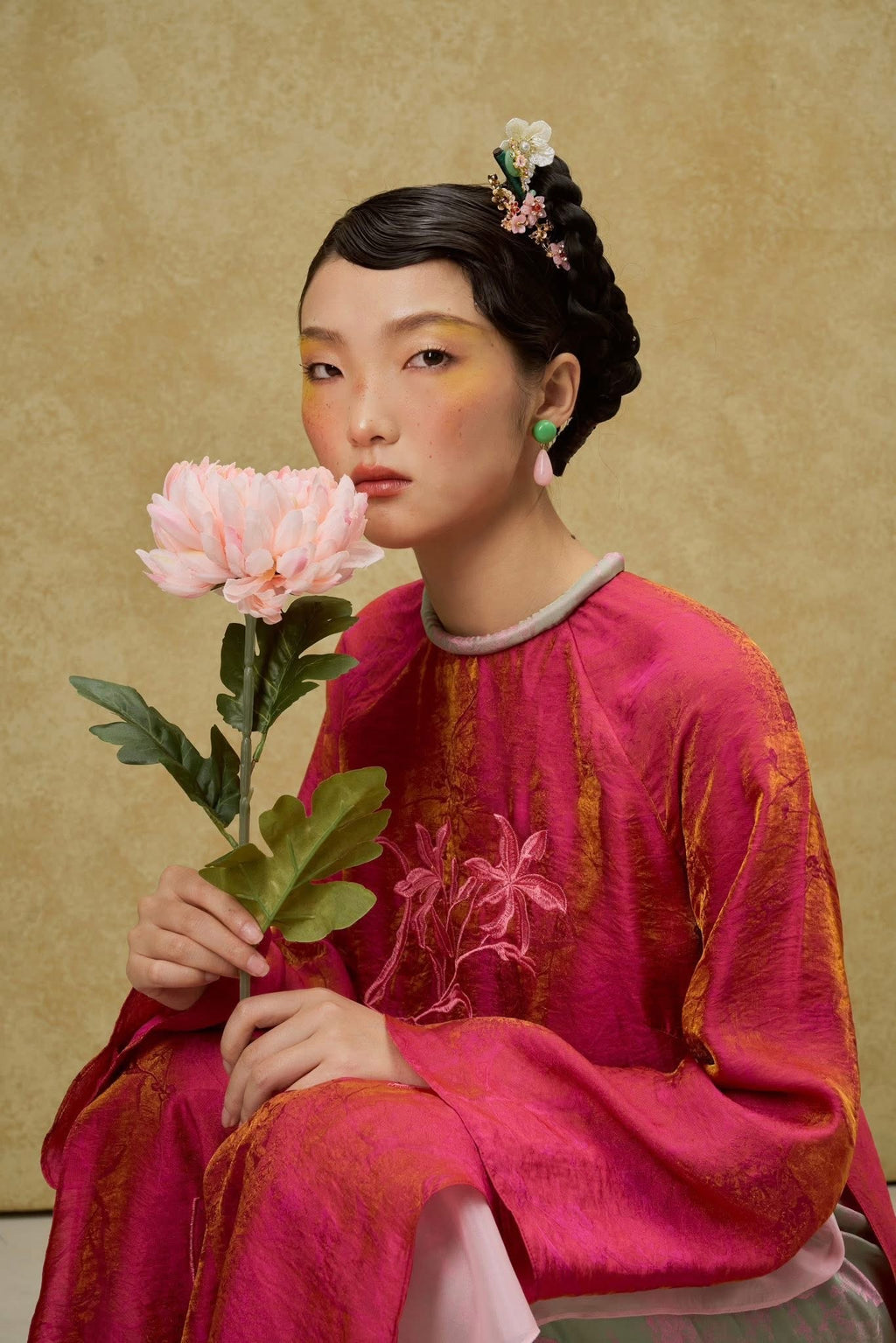 Vietnamese Ao Dai - Luu Ly Ao Dai Set - Hangzhou Tencel Silk with Embroidery in Orange Red - front view in pink by SY Design