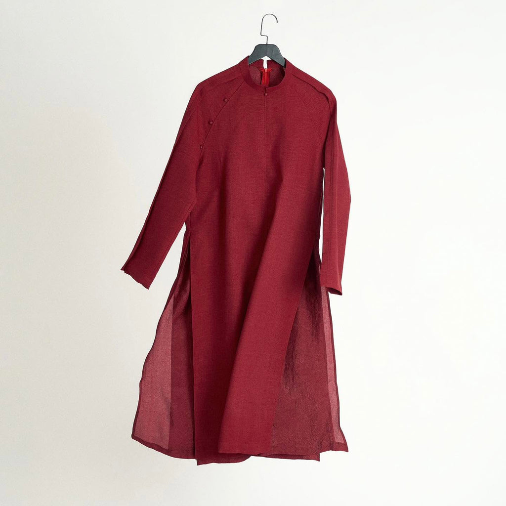 "Phong" Men’s Áo Dài Top - Raw-linen in Burgundy