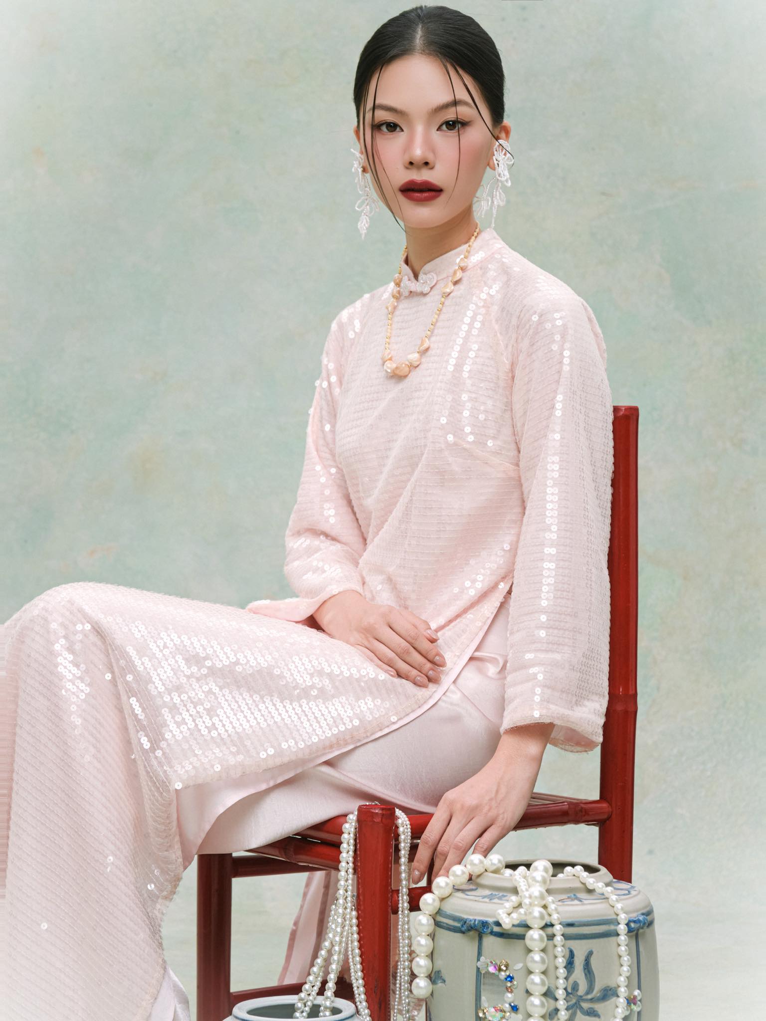 Vietnamese Ao Dai - Nhien Minh Áo Dài Set - Sequin Ao dai in Pastel Pink - front view in silk in pink by HOIVU