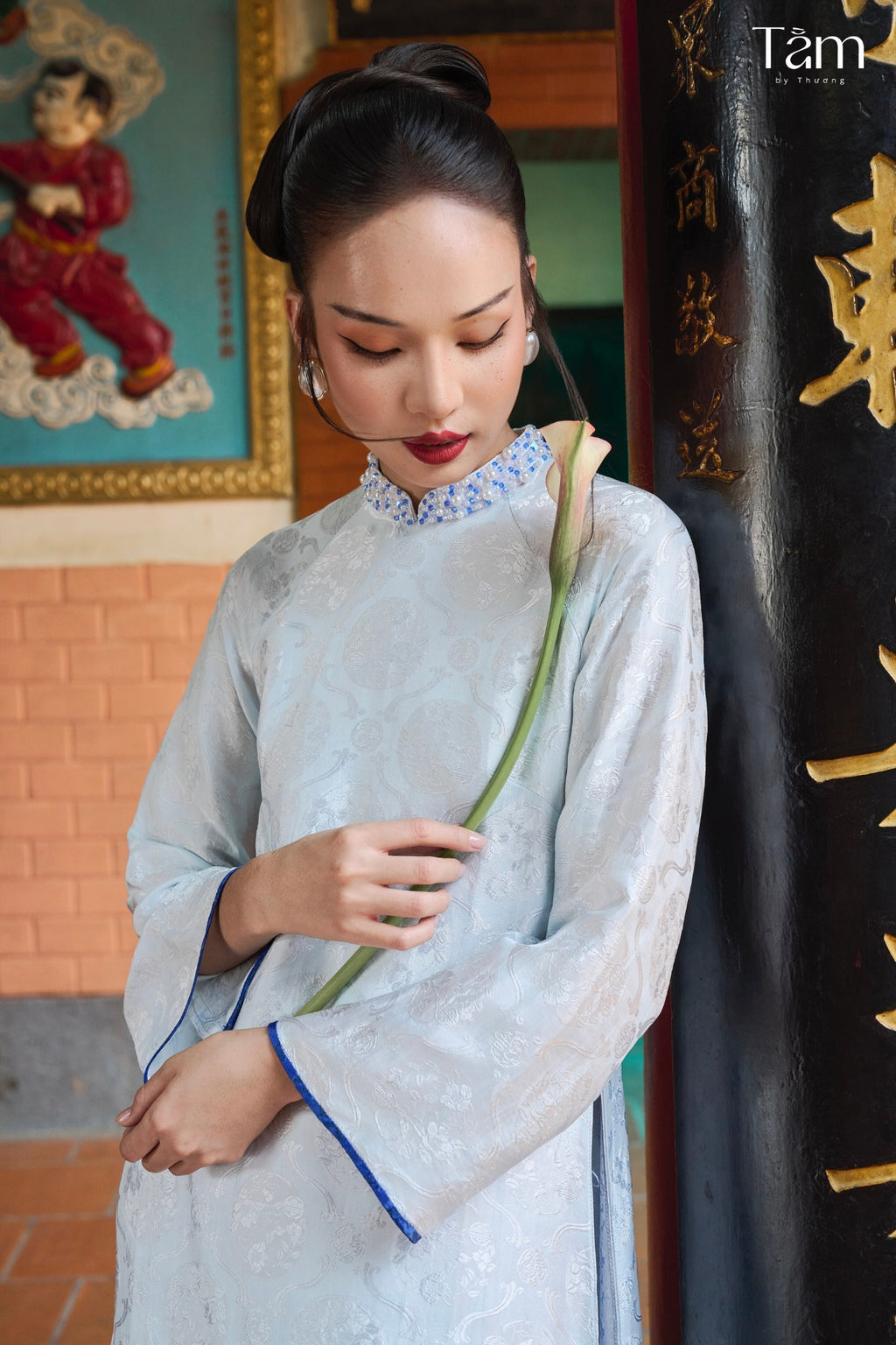 "Y Khue" Single-layered Ao-dai Set - Wormsilk Ao Dai Set with beaded Collar in Sky Blue