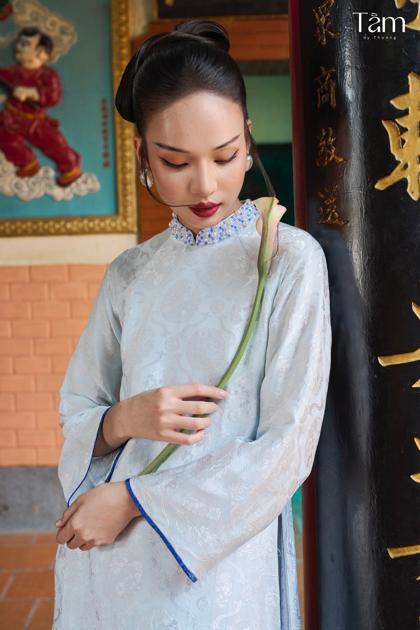 "Y Khue" Single-layered Ao-dai Set - Wormsilk Ao Dai Set with beaded Collar in Sky Blue