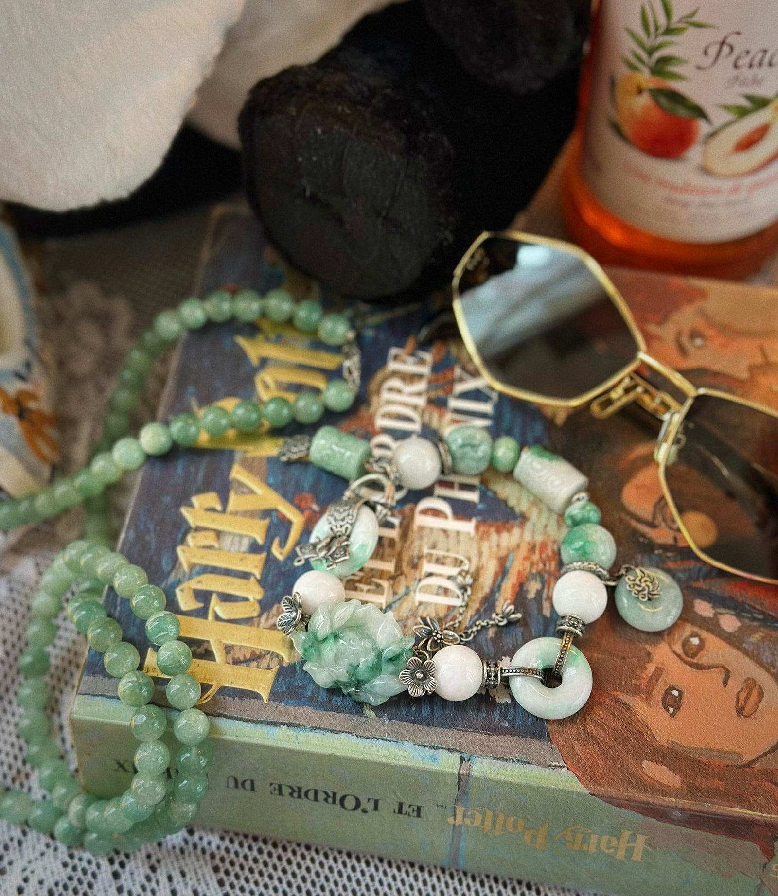 Traditional Motif - “Liên Hoa Thanh Tâm” – Carved Jade Lotus Bracelet - styled presentation in green by HI de Maison