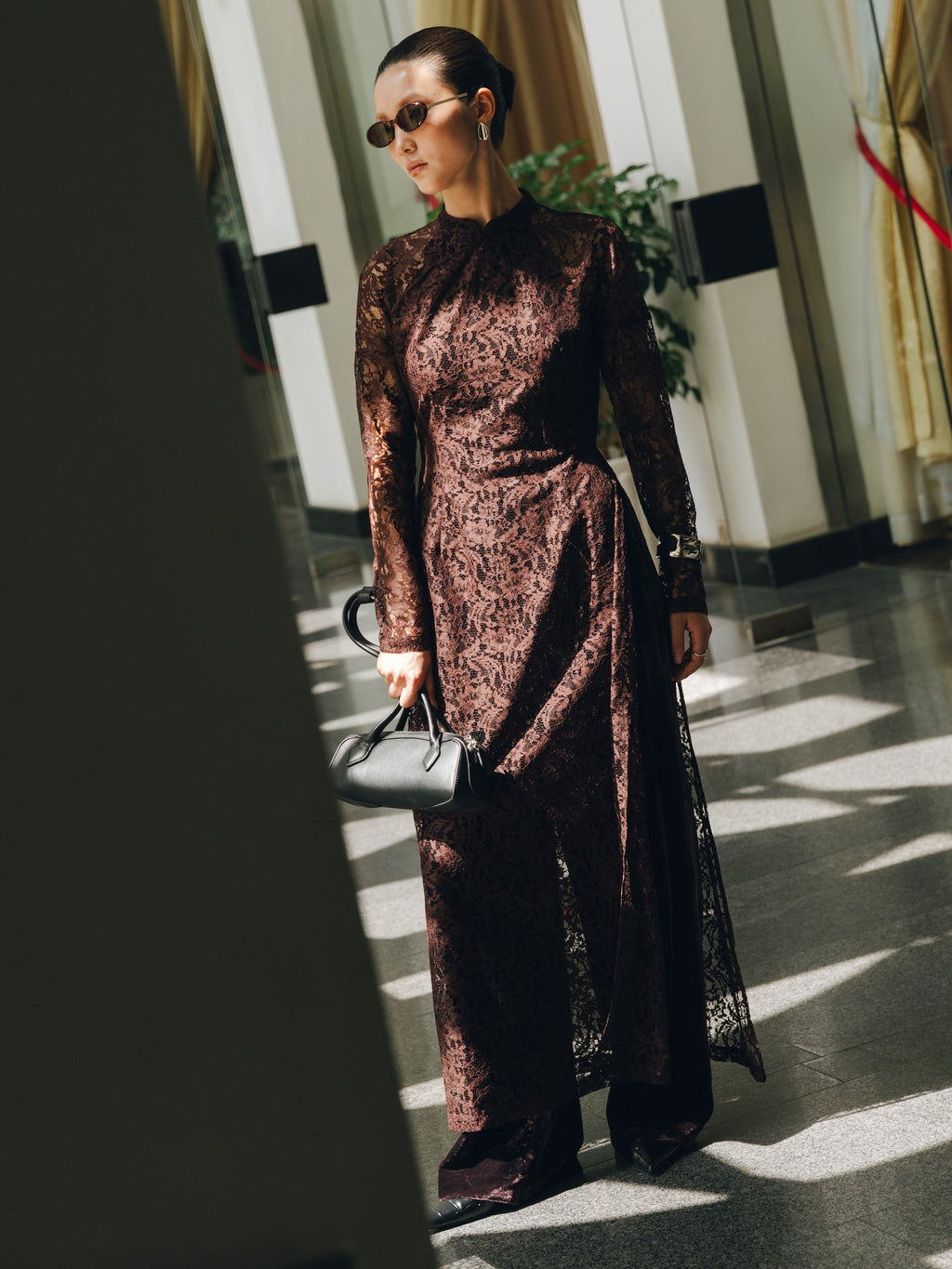 [Limited Edition] Dusk Serenity Ao Dai Set – Luxury Lace with velvet pants - side profile by Entropy Boutique