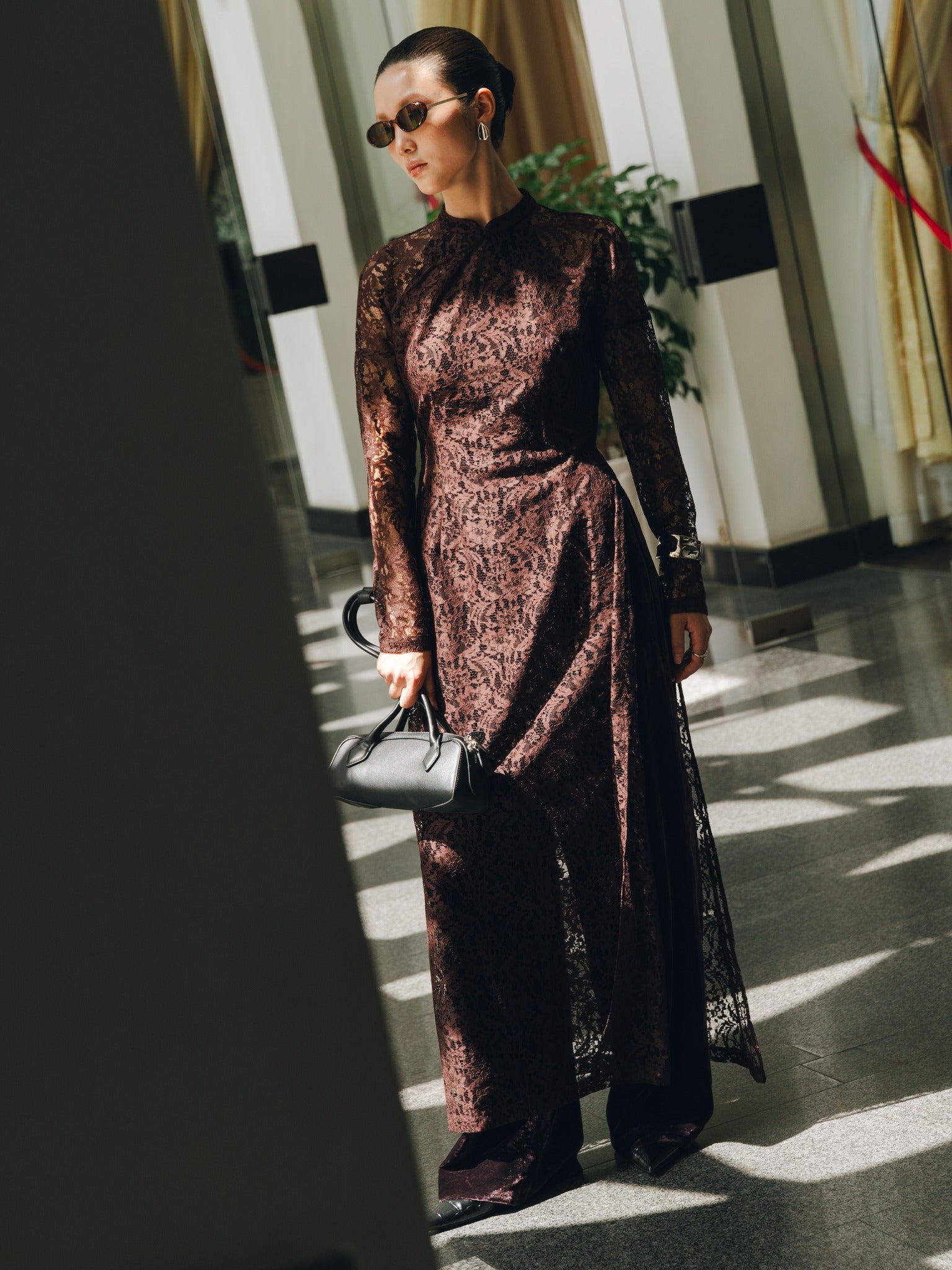 [Limited Edition] Dusk Serenity Ao Dai Set – Luxury Lace with velvet pants - side profile by Entropy Boutique