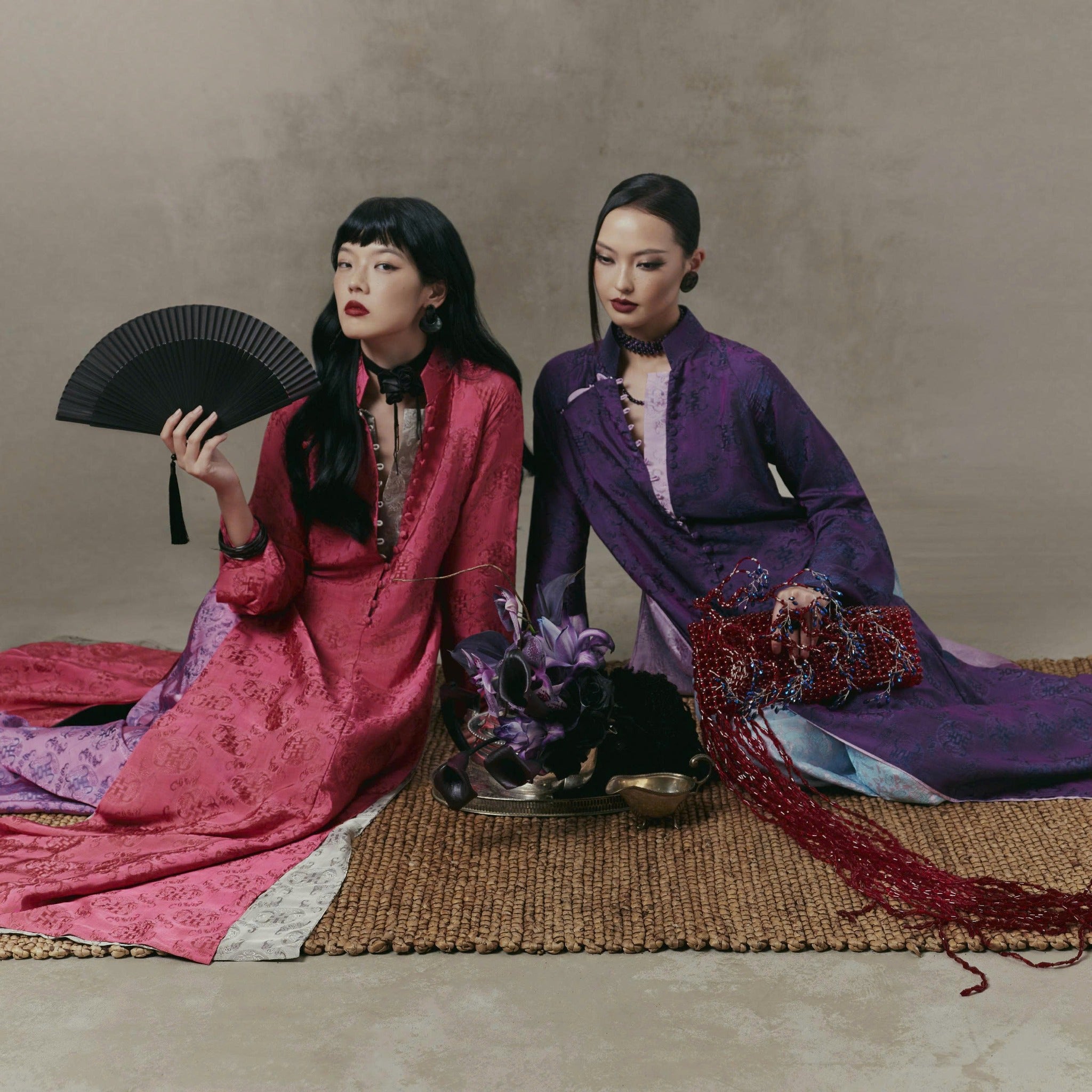 Phu Ba Heritage Ao-dai Set – Double-Panelled Wormsilk with Sculpted Front Cut - styled presentation by H2B a la Mode