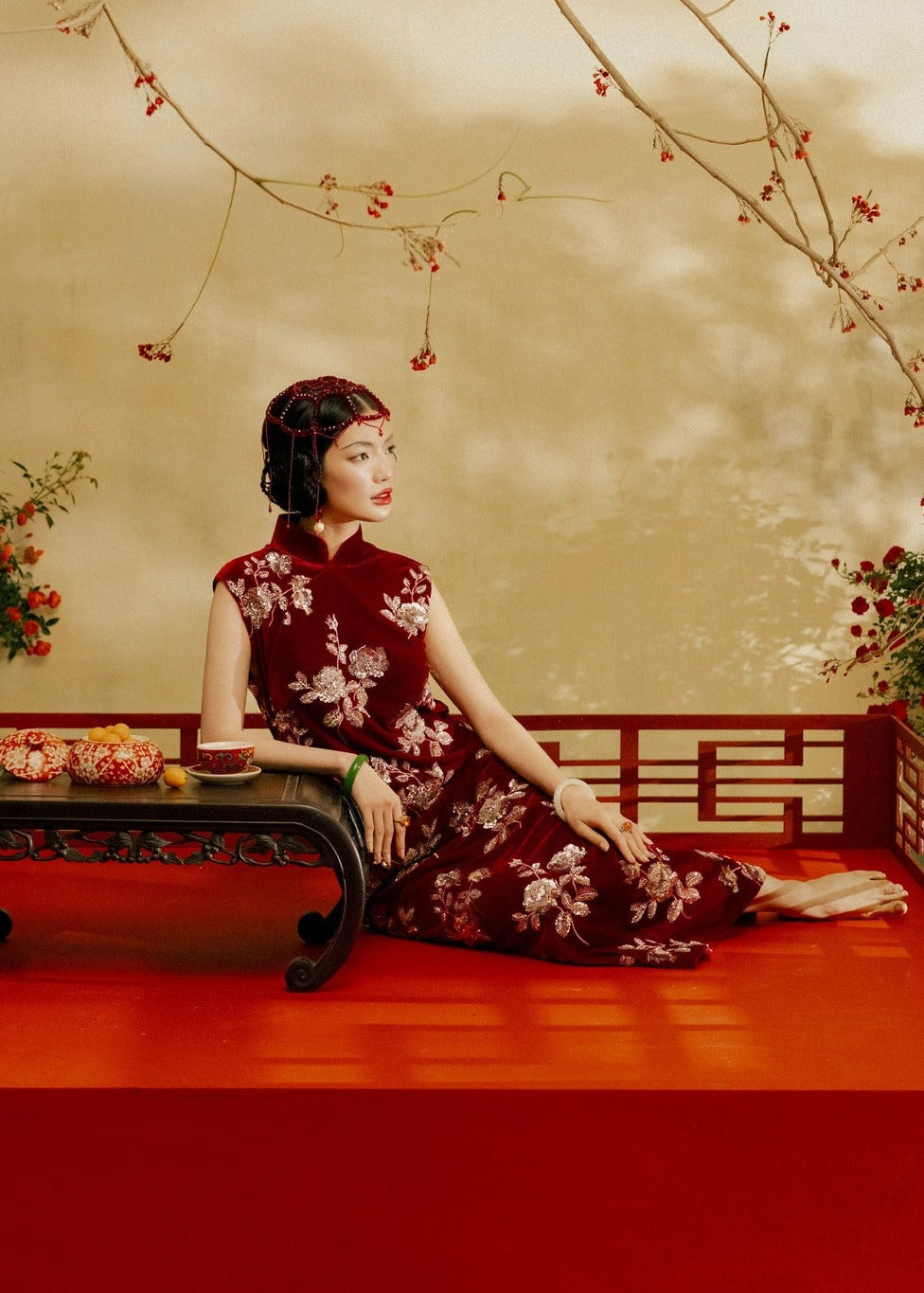 “Diễm Tường” Dress – Sequined Velvet with Mandarin collar in Imperial Crimson - styled presentation by Lalin