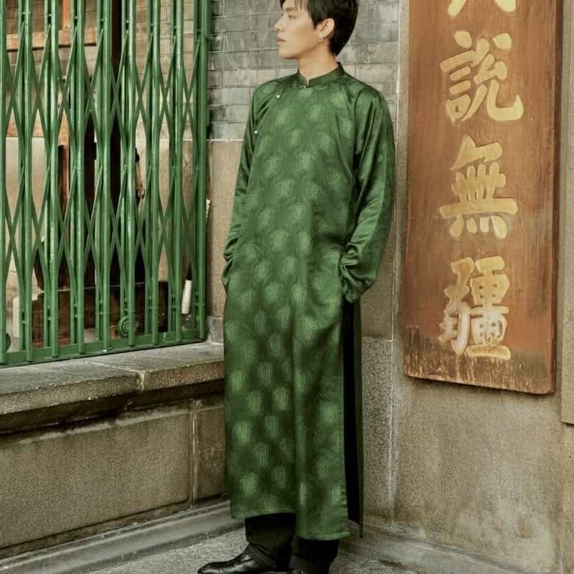 Vietnamese Ao Dai - Loc Tho Ao Dai for Men - Wormsilk - side profile in brocade in green by Moc - Men