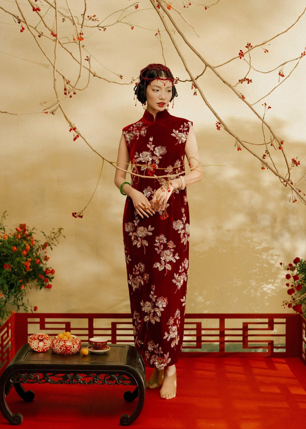 “Diễm Tường” Dress – Sequined Velvet with Mandarin collar in Imperial Crimson - front view by Lalin