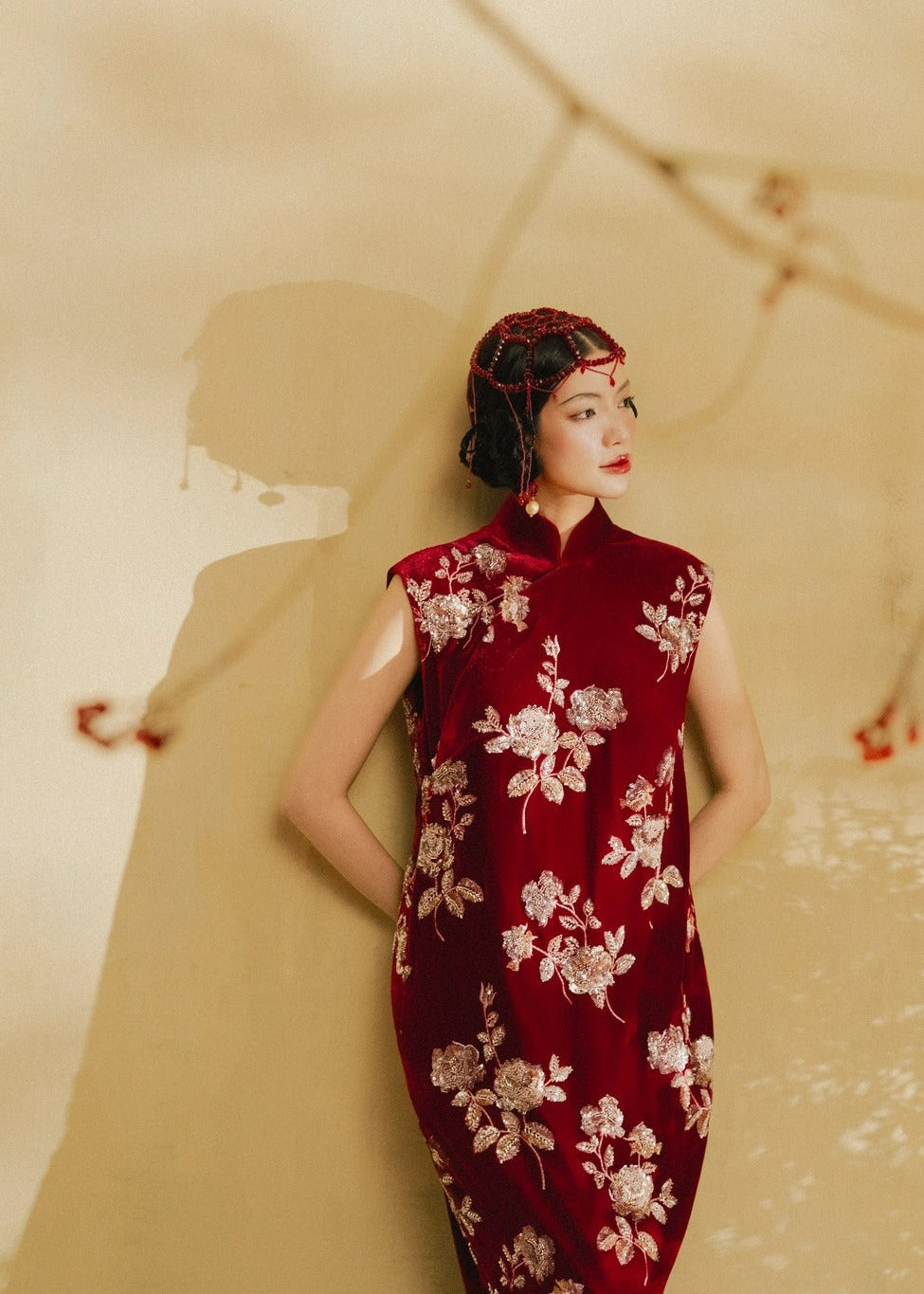 “Diễm Tường” Dress – Sequined Velvet with Mandarin collar in Imperial Crimson - front view by Lalin