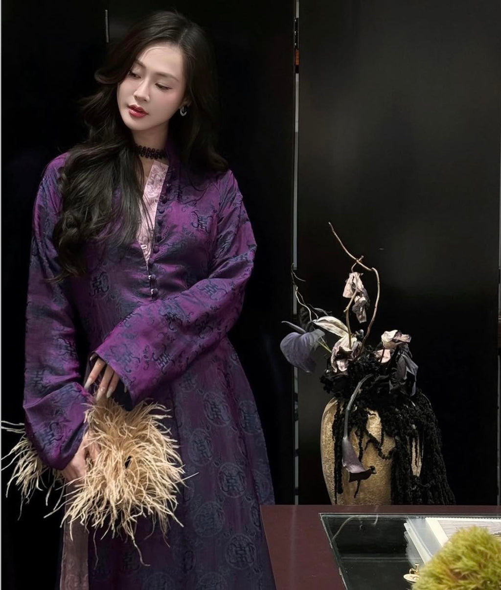 Phu Ba Heritage Ao-dai Set – Double-Panelled Wormsilk with Sculpted Front Cut - front view by H2B a la Mode