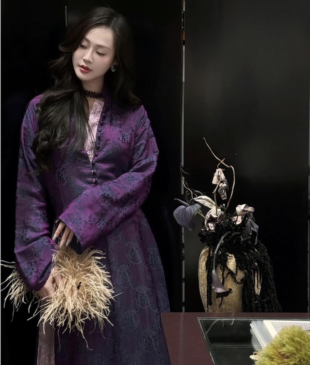 Phu Ba Heritage Ao-dai Set – Double-Panelled Wormsilk with Sculpted Front Cut - front view by H2B a la Mode