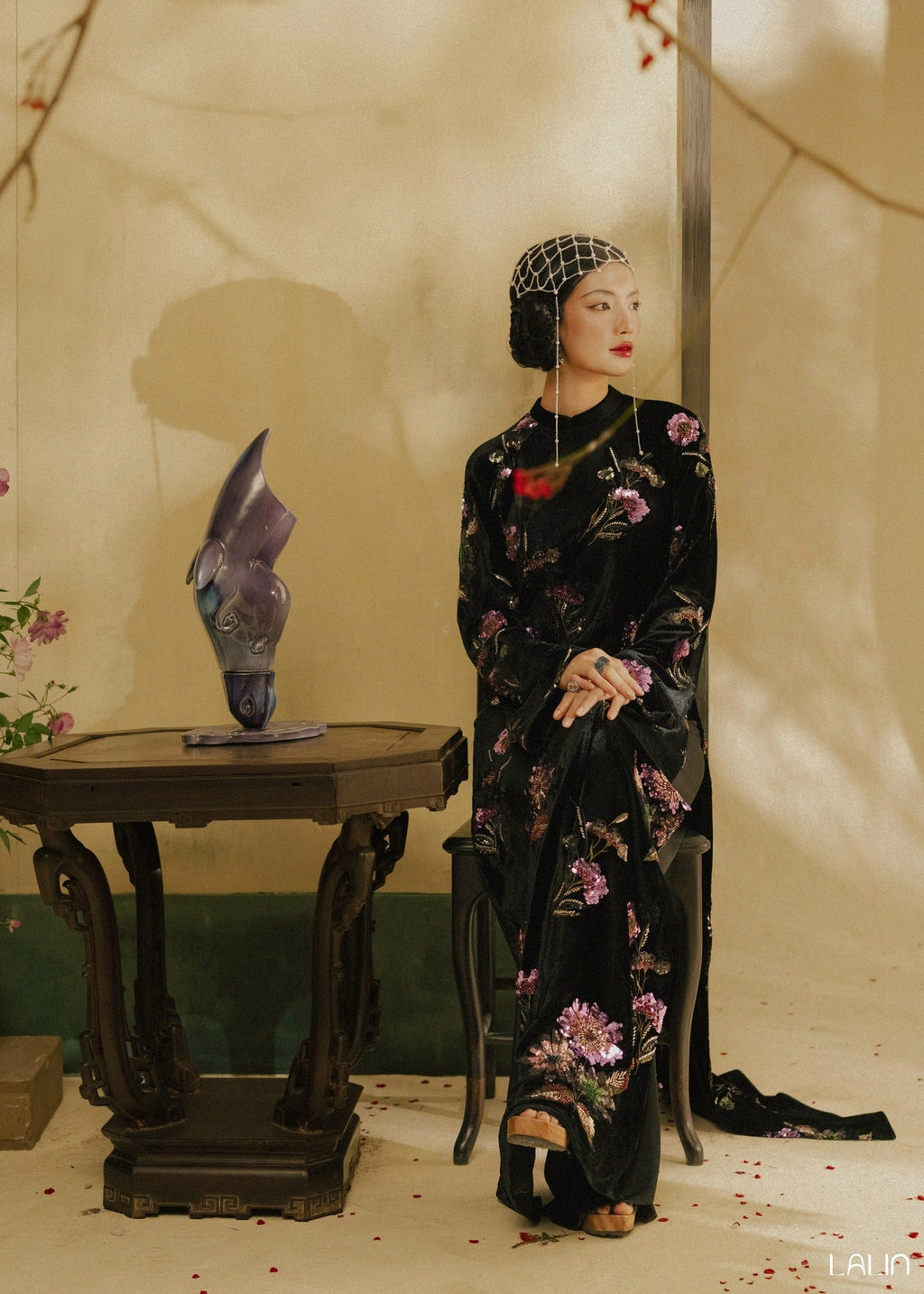 “Tường Thy” Ao-dai Set – Luxury Sequined Velvet in Noir Blossom - styled presentation by Lalin