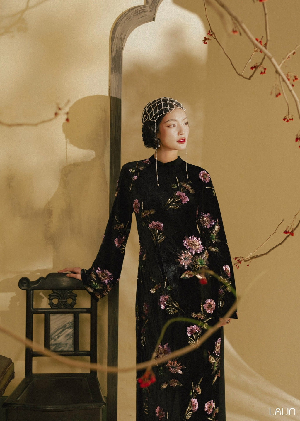 Vietnamese Embroidery - “Tường Thy” Ao-dai Set – Luxury Sequined Velvet in Noir Blossom - front view in black by Lalin
