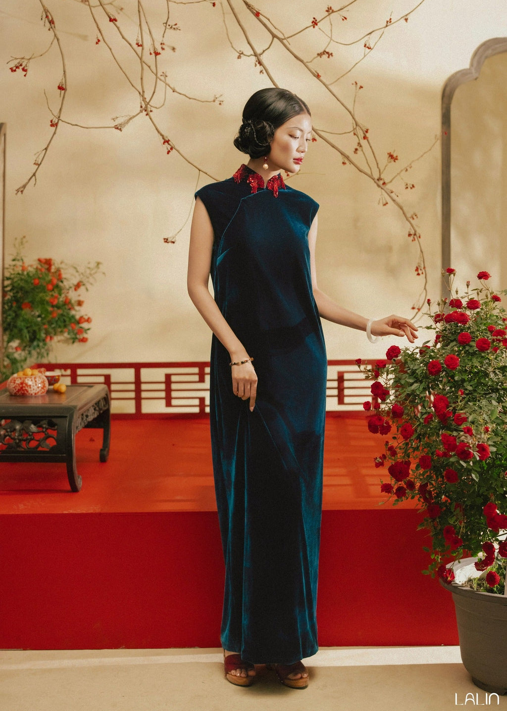 “Tường Thanh” Dress – Sequined Velvet Mandarin-collared Dress in Midnight Teal - front view by Lalin