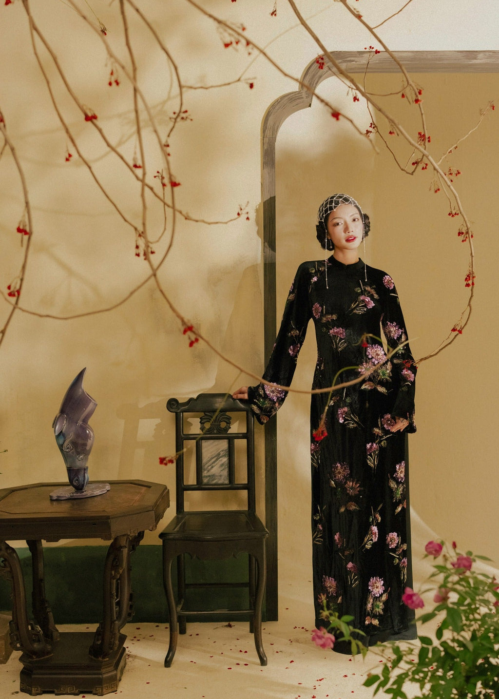 Vietnamese Ao Dai - “Tường Thy” Ao-dai Set – Luxury Sequined Velvet in Noir Blossom - front view in black by Lalin
