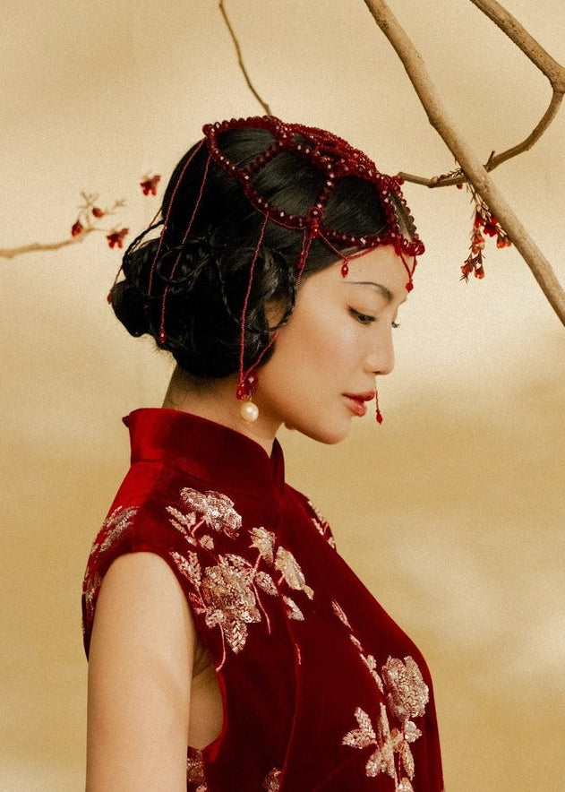 “Diễm Tường” Dress – Sequined Velvet with Mandarin collar in Imperial Crimson - side profile by Lalin