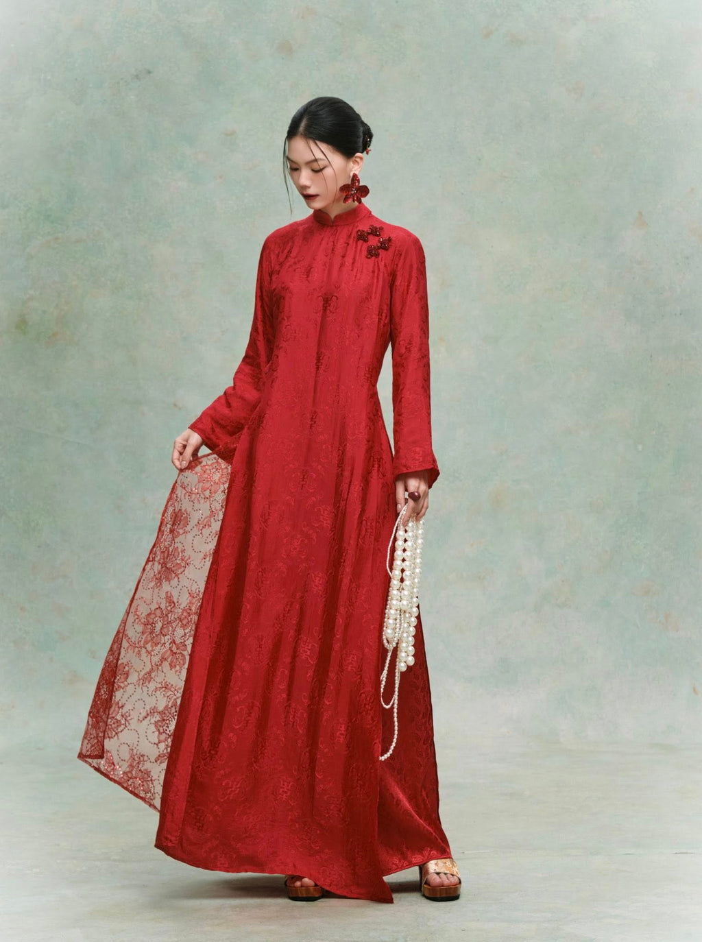 "Mai Châu" Áo Dài Set - Silk & Sequined layers in Red