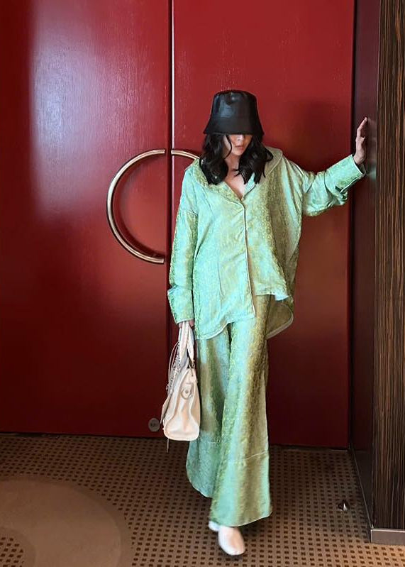 “Pyjama” Set – Modern Wormsilk in Celadon Green - styled presentation by H2B a la Mode