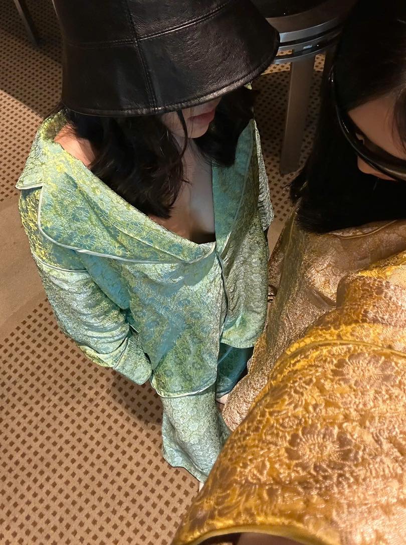 Vietnamese Embroidery - “Pyjama” Set – Modern Wormsilk in Celadon Green - side profile in green by H2B a la Mode