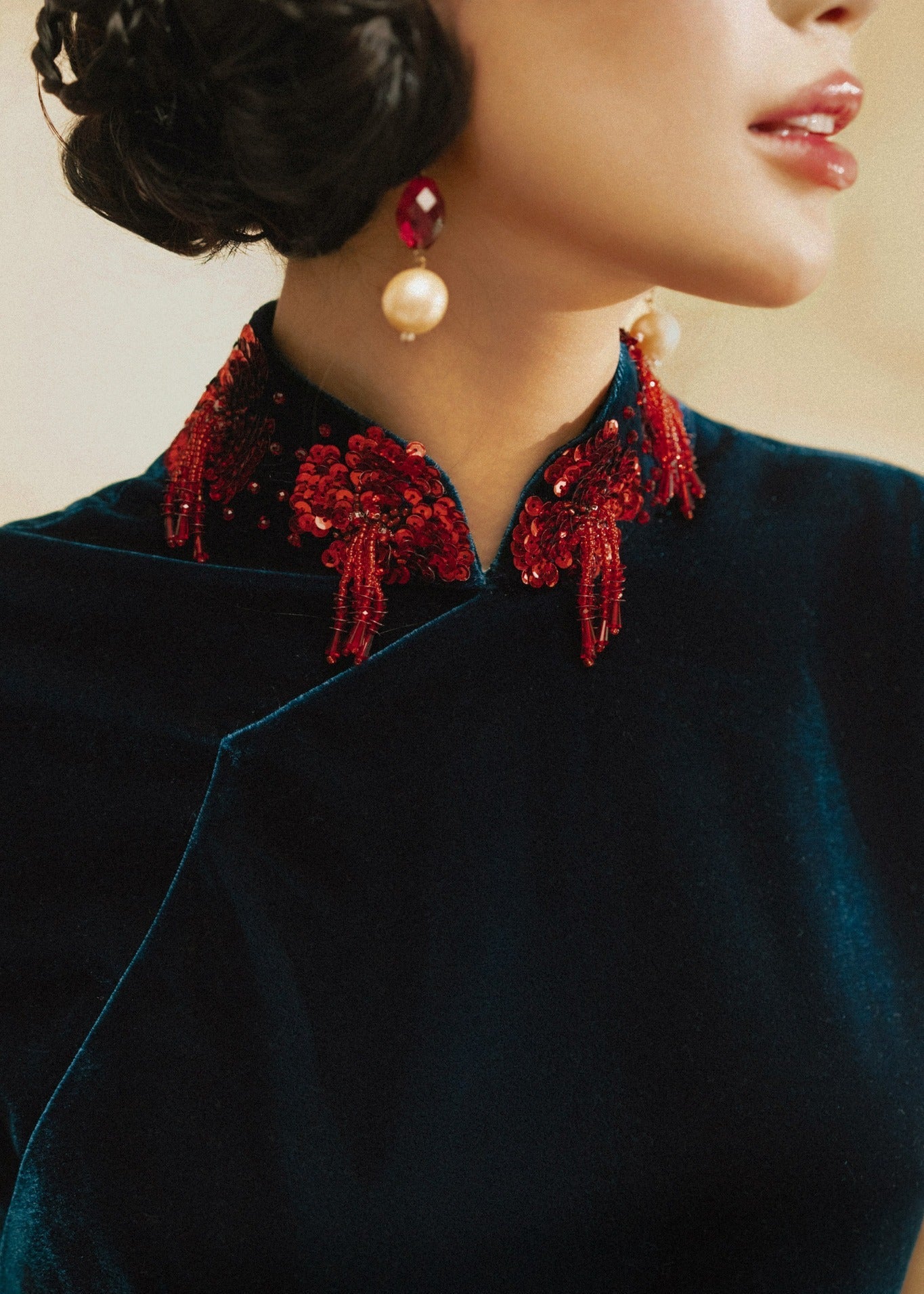 “Tường Thanh” Dress – Sequined Velvet Mandarin-collared Dress in Midnight Teal