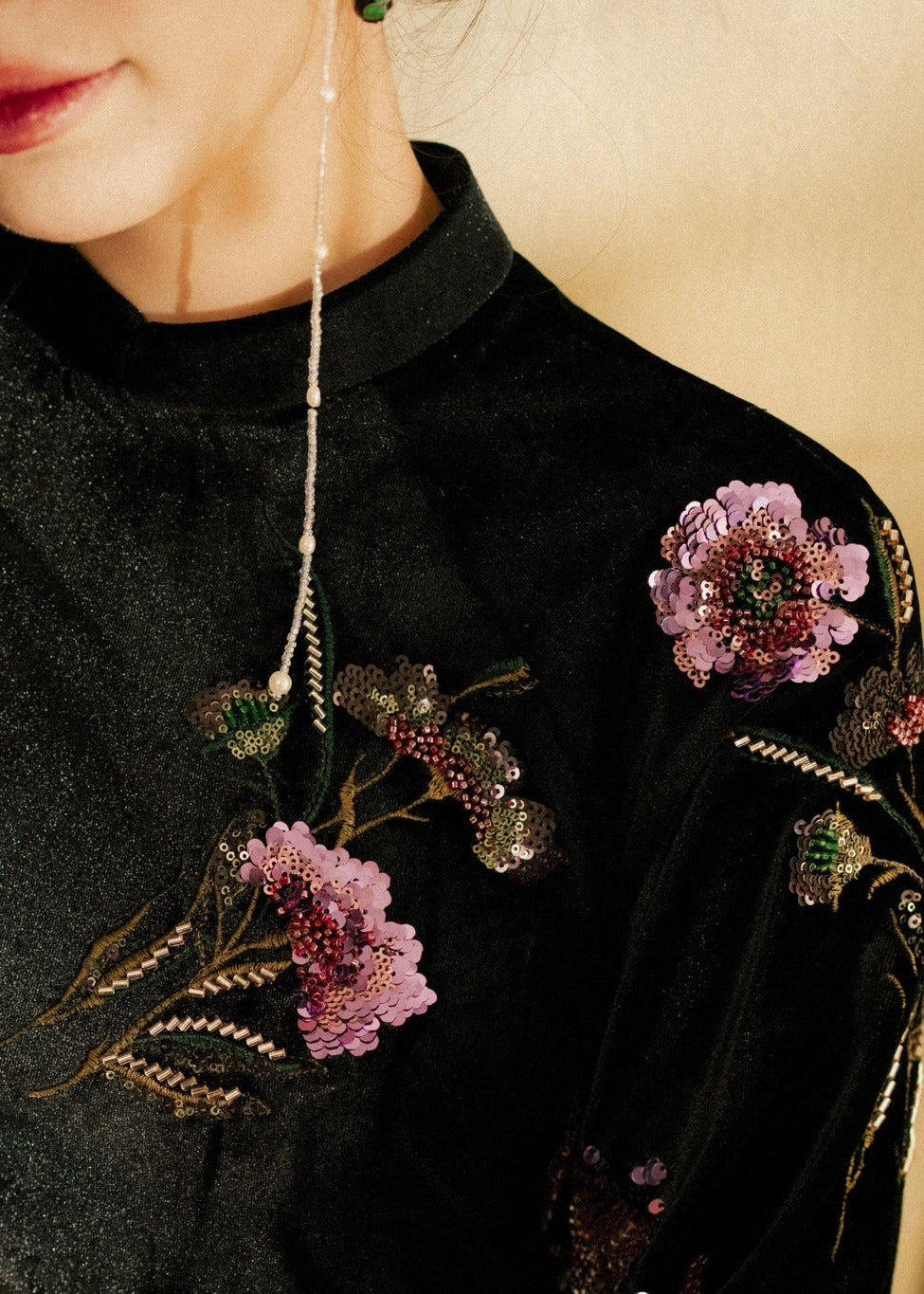 Vietnamese Embroidery - “Tường Thy” Ao-dai Set – Luxury Sequined Velvet in Noir Blossom - detail close-up in black by Lalin