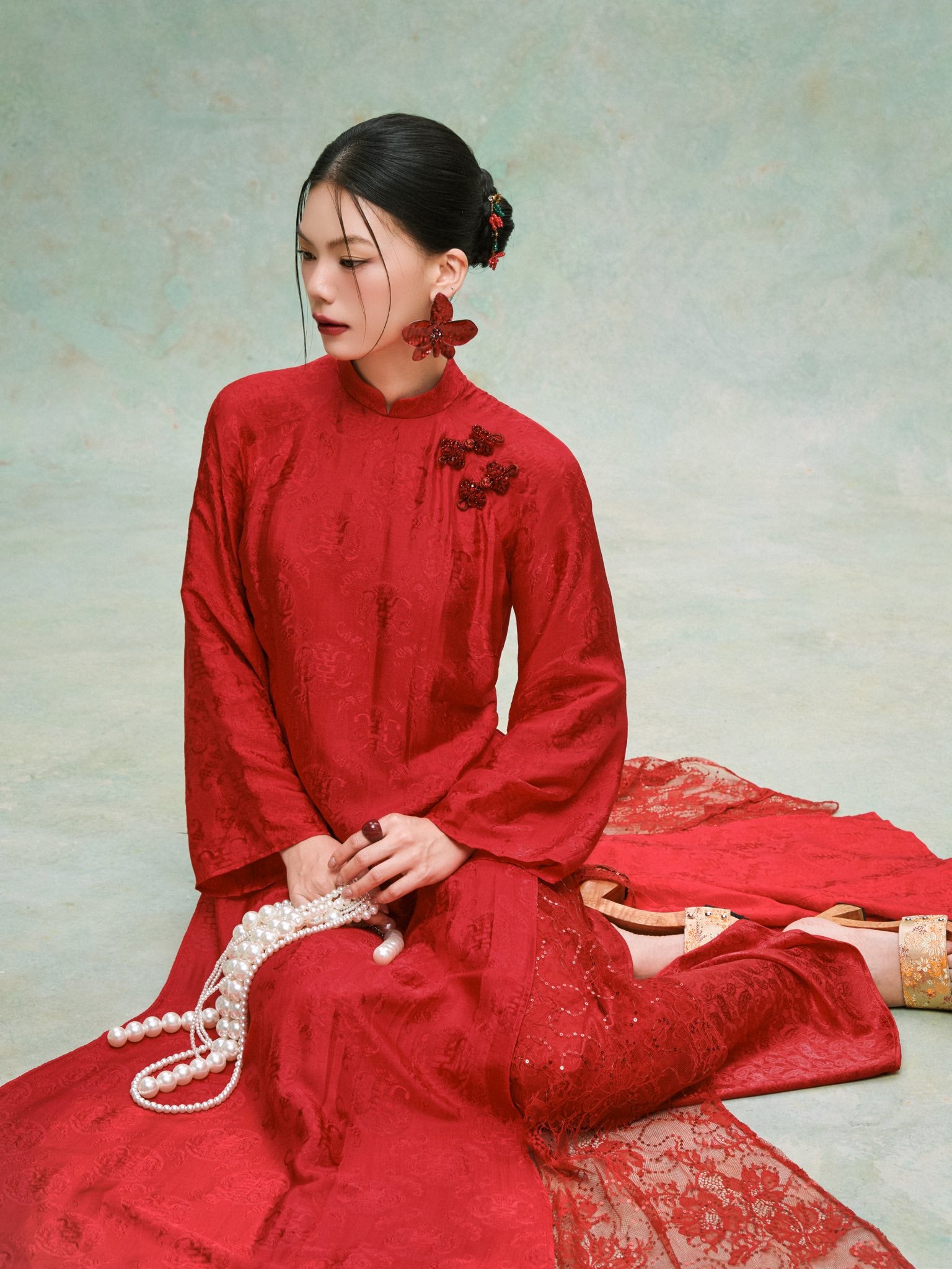"Mai Châu" Áo Dài Set - Silk & Sequined layers in Red